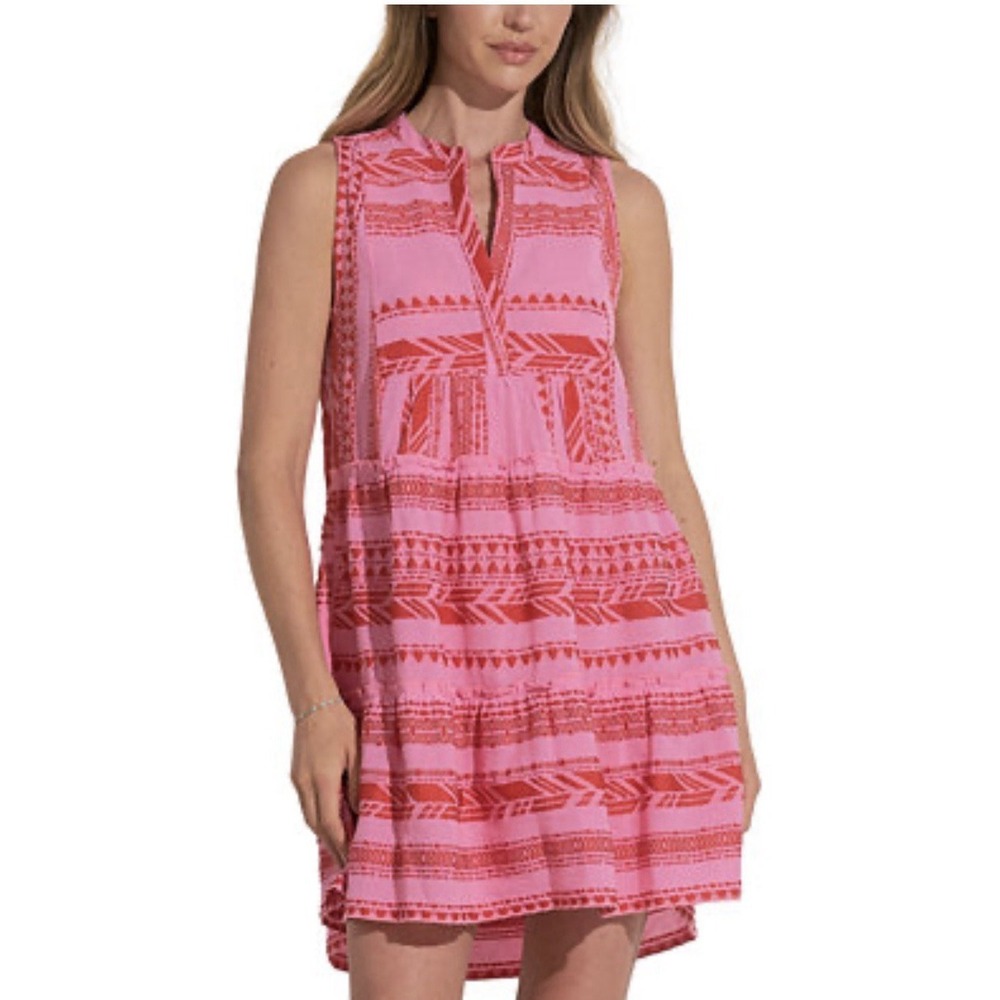 Elan Charli Pink Red Embroidered Boho‎ Tiered Sleeveless Mini Dress Sz-S E5
